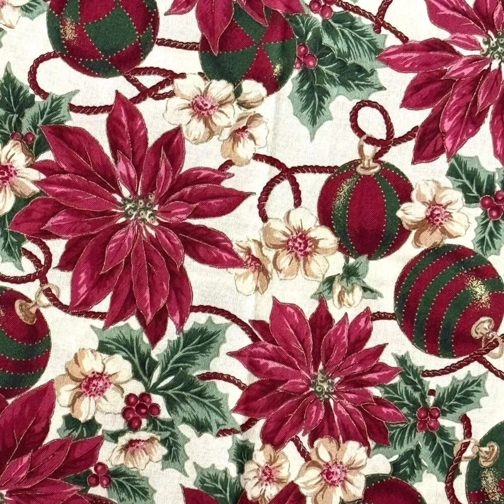 Christmas Poinsettia Ornaments Fabric Cranston Multicolor Metallic Gold Remnant